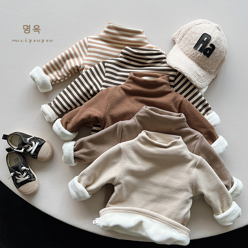 Ropa de invierno recomendar ~ camisa de fondo forrada de lana para niños y niñas estilo coreano medio cuello alto grueso cálido todo fósforo superior