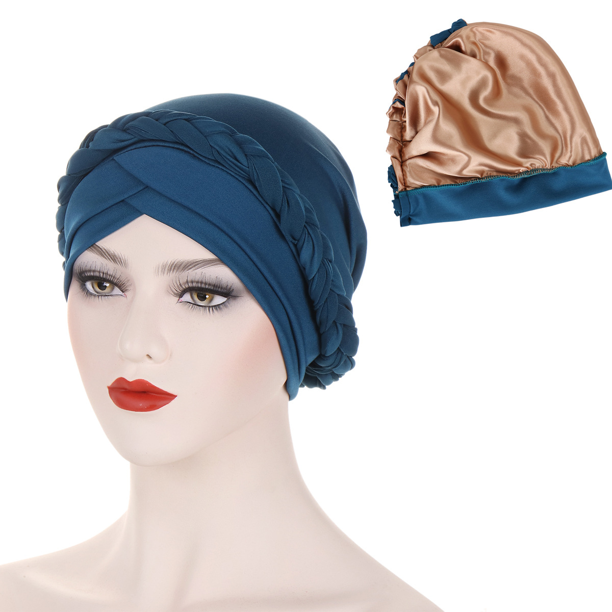 cappello turbante intrecciato foderato in raso tinta unita sulla fronte da donna doppia croce cappello pullover musulmano in stock_voghion.com