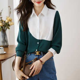 外贸女装实拍洋气显瘦春秋新款女装翻领撞色雪纺衫上衣开衫衬衫打