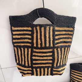 新品日本杂志款拉菲草手工编织包女黑色条纹手提包时尚复古草编包