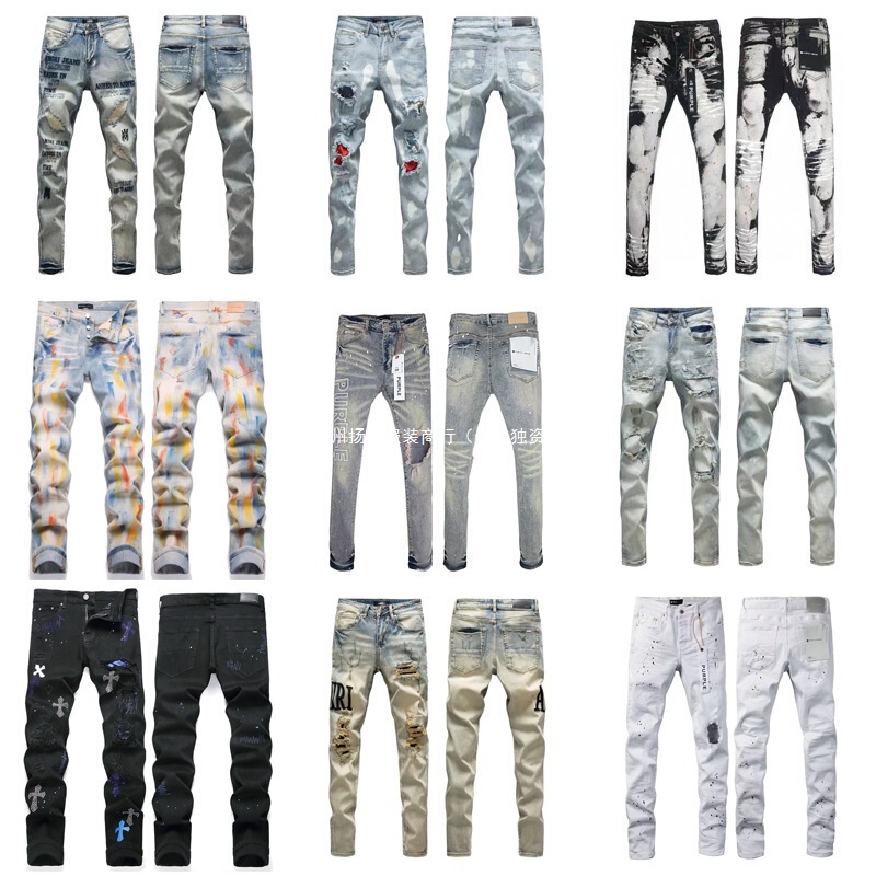 Foreign Trade Cross-Border Purplebr High Street Ripped Skinny Stretch Jeans with Patch Embroidery Retro Am1Ri Denim