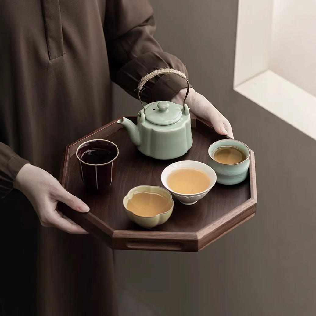 bandeja de color nuez hogar plato de té octogonal taza de té restaurante bandeja de almacenamiento de té bandeja de madera maciza