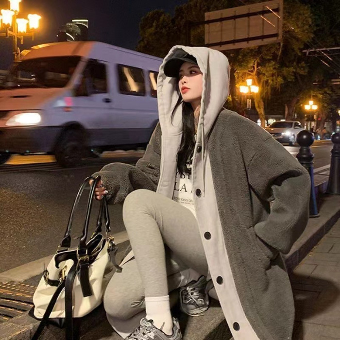 韓国のchi秋冬の新型の長いタイプの帽子のスカートのコートの羊の小毛の偽の2つのゆったりしたファッションのコートの婦人服の潮|undefined