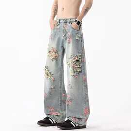 满印玫瑰花朵牛仔裤男款美式复古裤子街潮慵懒风松弛感阔腿微喇裤