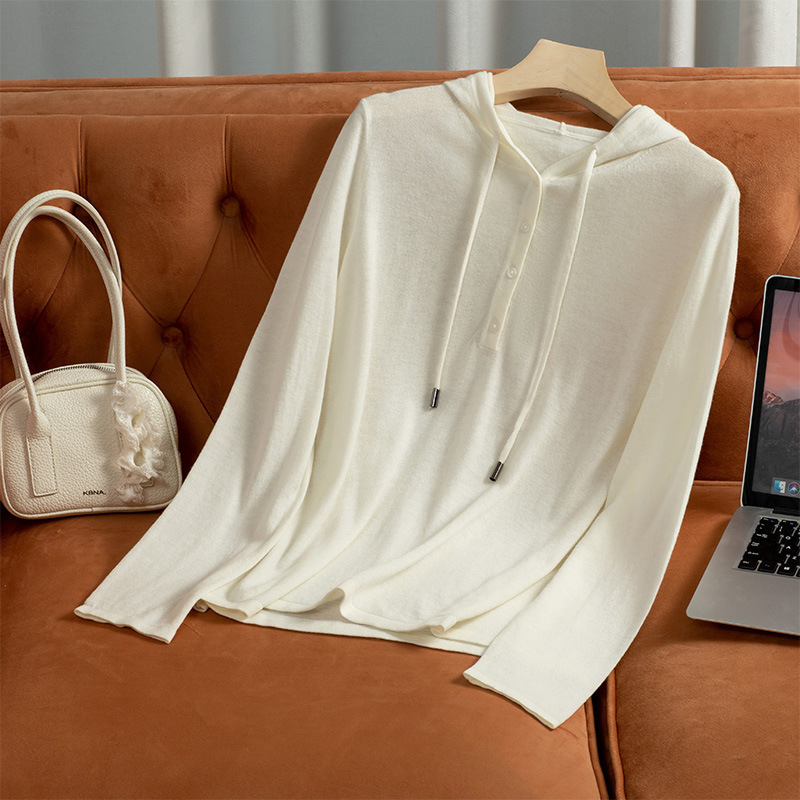 【Shujian Velvet】Half Placket Drawstring Hoodie 100% Wool Sweater for Women, Autumn Thin Long Sleeve Knitted Hoodie