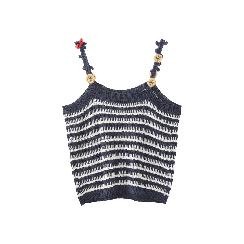French-Style Retro Navy Blue Striped Knit Camisole with Embroidered Flowers, Hong Kong Style Top for Layering or Outerwear, Women's 2026