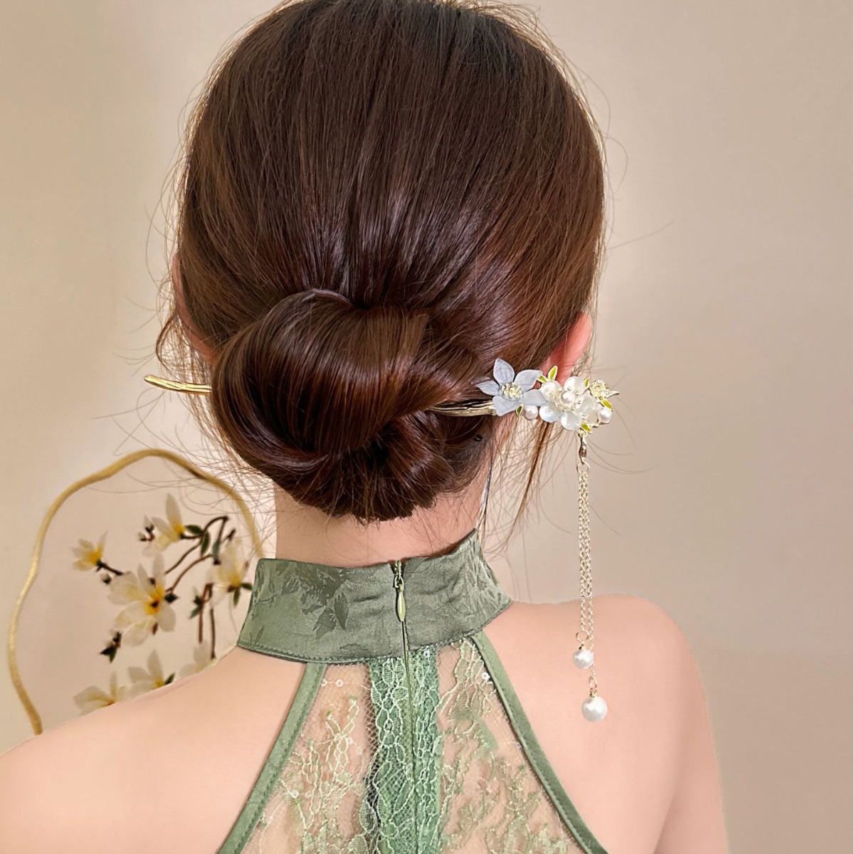 Peach blossom tassel hairpin women's new Chinese cheongsam Hanfu hairpin back head ancient style high-grade updo hair accessories