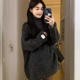 韩系慵懒风软糯高领中长款毛衣女秋冬季小个子感百搭宽松上衣