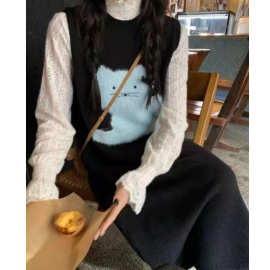 秋冬小众手绘猫咪图案针织背心连衣裙小个子甜美可爱无袖中毛衣裙