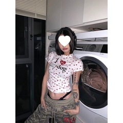 ボトリングシャツ春プリント半袖2025スリムTシャツ爪犬総柄プリントレディースラブアメリカンカジュアルトップ