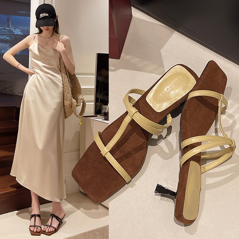 2025 Summer New French Open-Toe High-Heeled Mules For Women, Square-Toe, Lace-Up, Retro Casual Style_vogvips.com