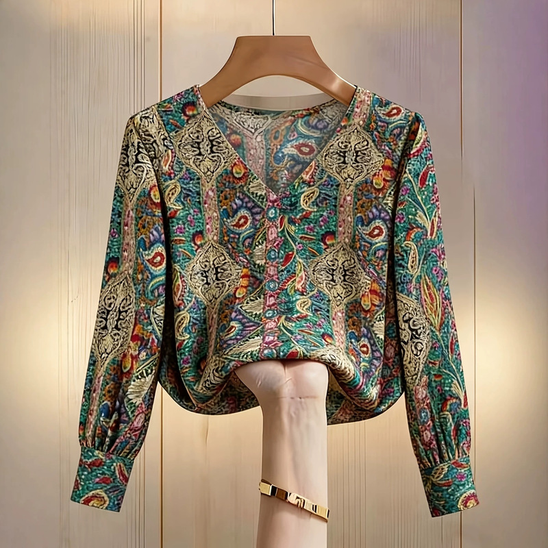 New Cross-Border Foreign Trade Printed Bohemian Style Women's Elegant V-Neck Paisley Long-Sleeve Shirt
