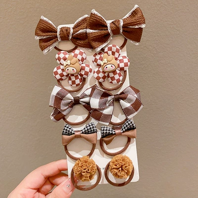 Saç üçün rezinlər – hair accessories - f8179-9-plaid-little-girl-10-piece-set-opp-bag