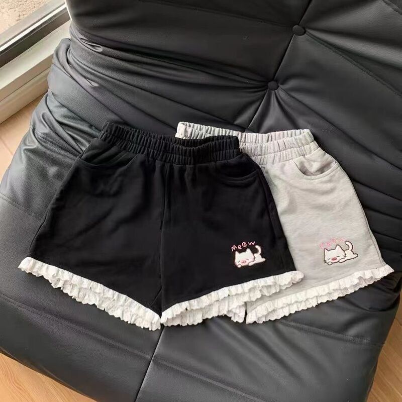 Japanese-Style Cute Kitten Embroidery Lace Trim Patchwork Shorts for Women, New Summer Style, Soft Girl Petite Versatile Pants Japanese-Style Cute Kitten Embroidery Lace Trim Patchwork Shorts for Women, New Summer Style, Soft Girl Petite Versatile Pants