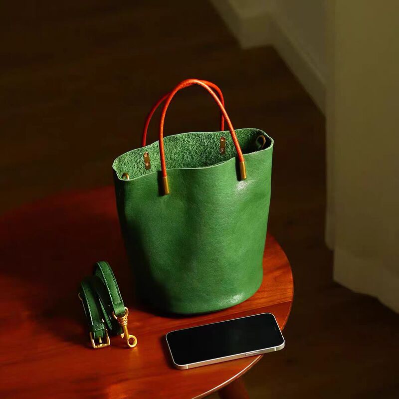 Pehyewar |   Japanese Niche Green Bucket Bag Women's Textured Genuine Leather Handbag Summer Cowhide Women's Bag