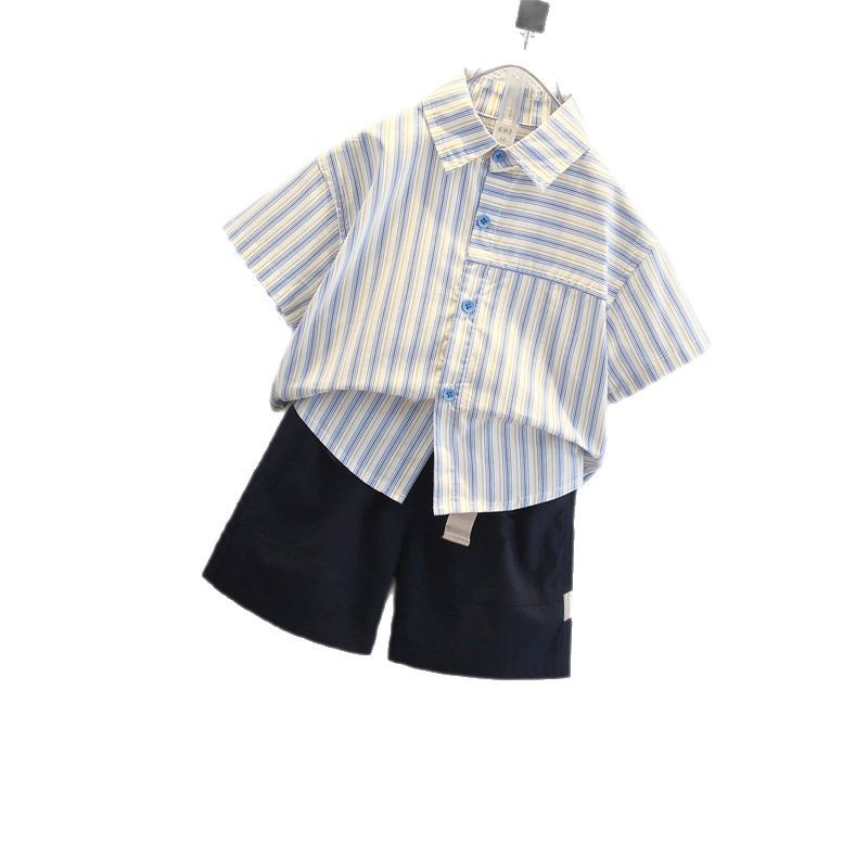 7961 traje de camisa a rayas para niños 2025 nuevos productos de verano para niños, camisa y pantalones cortos para niños de manga corta, traje de dos piezas