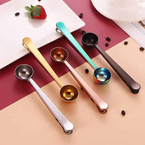 Factory stainless steel coffee bean scoop, kitchen use two-in-one seal clips and milk powder scoop