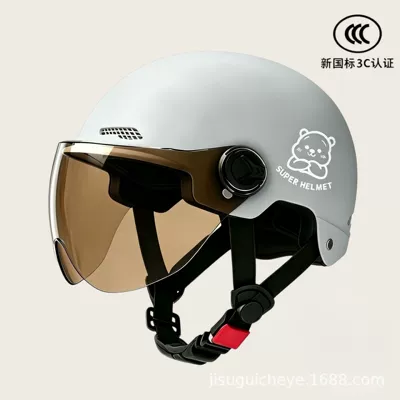 Motosiklet kaskı (dəbilqə) universal safety helmet adult half helmet - 02-gray-brown-short-lens-silver-white-bear
