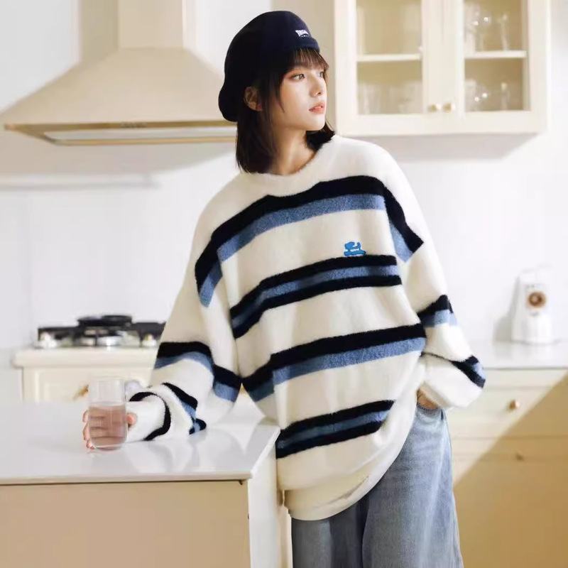 [Factory Direct Sales - Customizable] Color-Blocked Striped Faux Mink Sweater for Men and Women, Autumn and Winter Couple Knit Jacket
