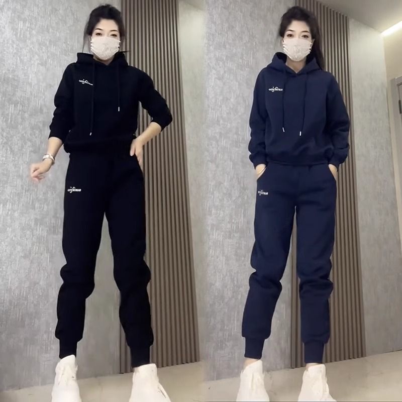 欧货时尚减龄休闲运动套装女2025秋冬新款洋气百搭加绒卫衣两件套|undefined