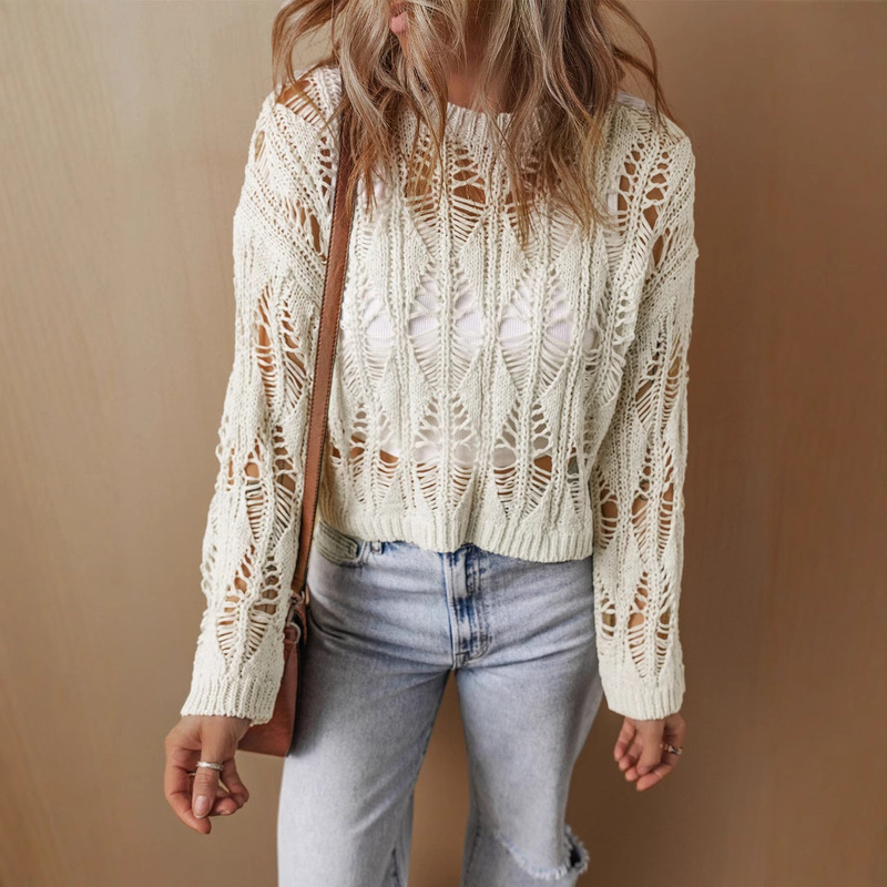 Autumn and Winter New Style Cut Out Crochet Pullover Tops for Women European and American Niche Lazy Casual Style Off-Shoulder Round Neck Sweaters for Women