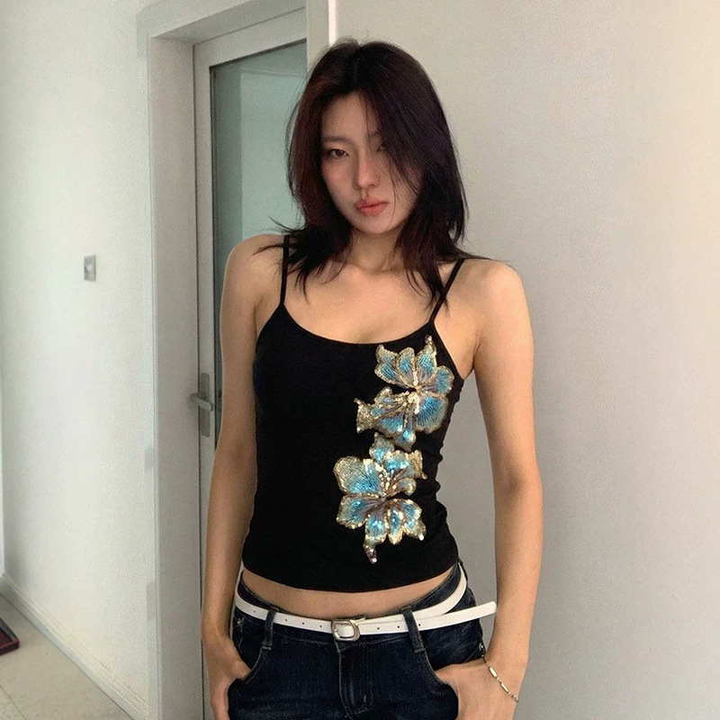 Sequin-printed floral design vest top, retro American-style, casual basic short-sleeved camisole
