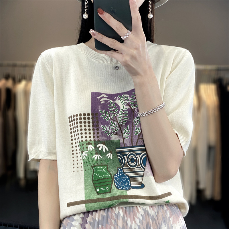 批发代发夏26款纯棉棉印花圆领短袖T恤针织衫女显瘦打底衫外穿