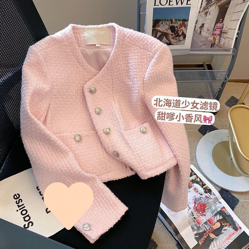 Pink Short Jacket for Women, Autumn New French-Style High-End Socialite Temperament Korean Tweed Top