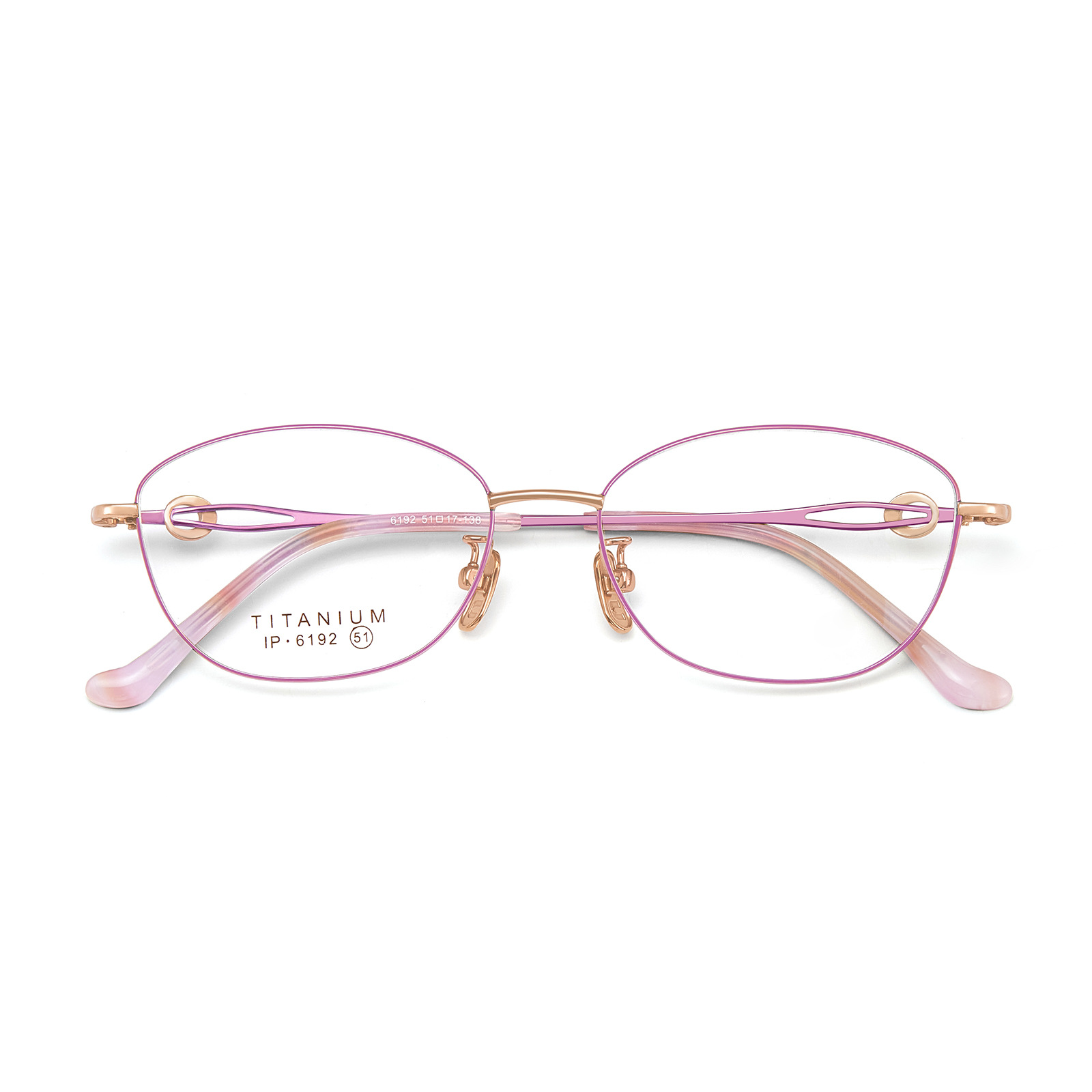 Hermoso marco de titanio puro de marco completo para mujer, marco de gafas ultraligeras, espejo hueco galvanizado de dos colores IP de vacío, lote de gafas Danyang