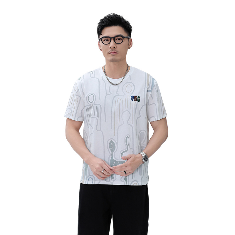 Cool feeling Ice Silk Oxford linen printed short sleeve T-shirt 2024 light luxury high-end men's fashion half sleeve top