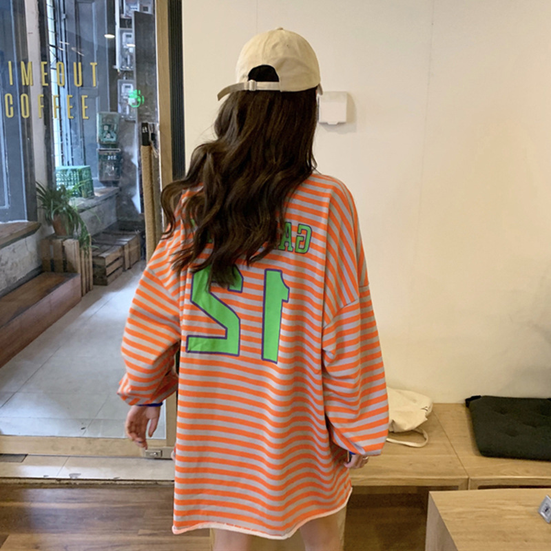 2025 Early Autumn New Versatile Long-Sleeve Mid-Length Striped Printed Round-Neck Sweatshirt for Women Korean Style Top Ins Trend 8061 2025 Early Autumn New Versatile Long-Sleeve Mid-Length Striped Printed Round-Neck Sweatshirt for Women Korean Style Top Ins Trend 8061