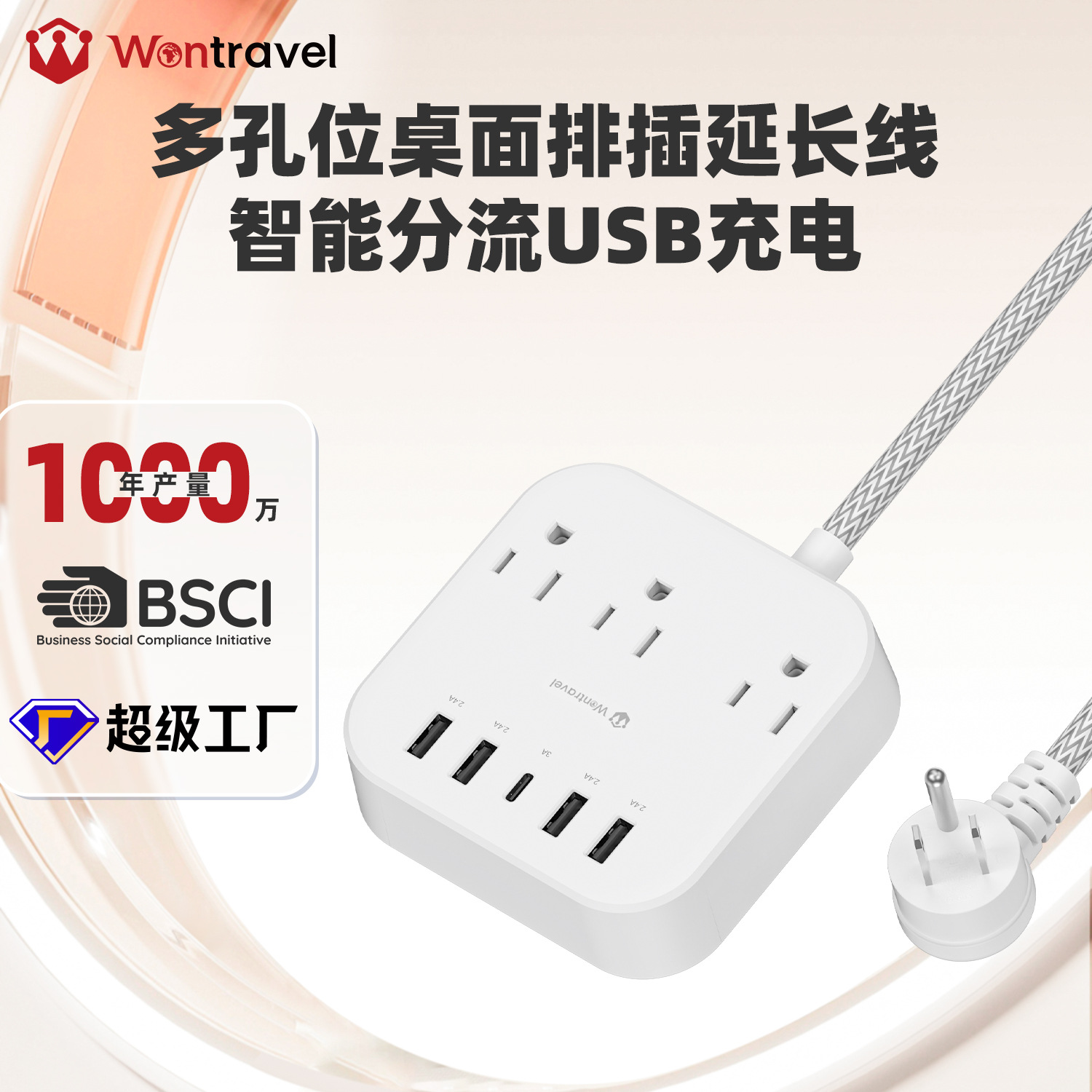 新款美规智能接线排插5USB多功能电源插座家用桌面插线板带线插排