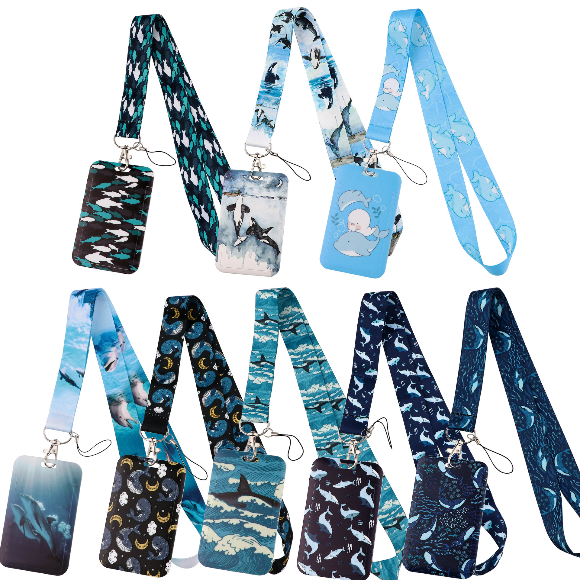 Tiburón ballena delfín teléfono móvil cordón titular de la tarjeta de doble cara tarjeta de autobús tarjeta de estudiante Certificado de exposición anti-perdido titular de la tarjeta de estuche rígido