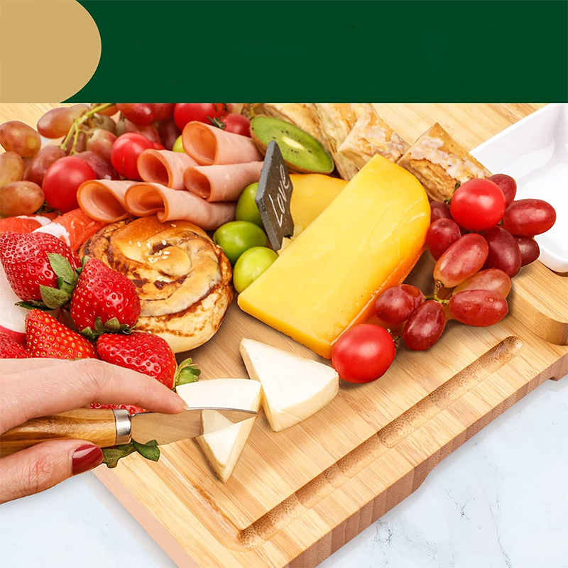 Queso cuadrado de bambú tabla de queso tabla de cortar cocina casera con cuchillo de queso tabla de cortar de filete juego de tabla de cortar pan fruta