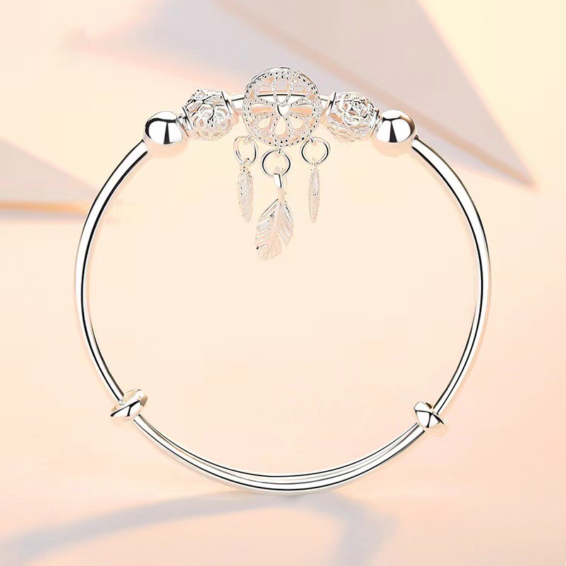 Japonés y coreano caliente-Venta de sueño catcher pluma plata Push-Pull hebilla ajustable pulsera temperamento verano mujeres moda pulsera de cobre