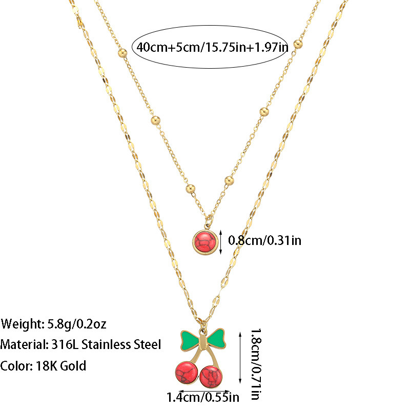 1 Piece Quantity Daily Occasion 18K Gold Plated 316L Stainless Steel Gem Cherry Bow Knot Waterproof Non Tarnish Surgical Steel Sweet IG Style Cable Chain Double Layer Necklaces Multi Charms Necklace For Women's