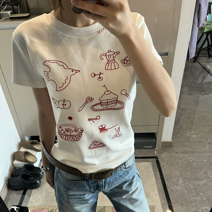 刺繍漫画文字半袖 Tシャツレディースルーズトップ 2025 ファッション新しいスタイル多用途イントレンド|undefined