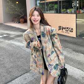 涂鸦印花小西装外套女春秋新款韩系设计感休闲时尚宽松炸街小西服