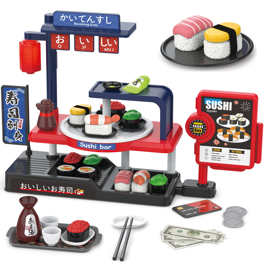 Simulación infantil transfronteriza mini-supermercado sushi mesa de pizza tarjeta de tarjeta de tarjeta de compra caja registradora hamburguesas juegos caseros