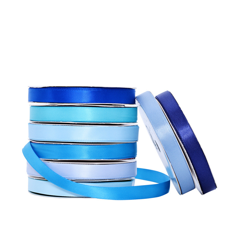 Cinta de satén azul de 9 mm de Yao Ming, la más vendida transfronteriza, para lazos de ramo, accesorios versátiles de decoración de ropa DIY.