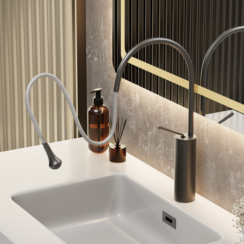 Swan Water Drop Island Countertop All-Copper Faucet Hot and Cold Rotating Pull-Out Heightened Above and Below Countertop Washbasin Faucet