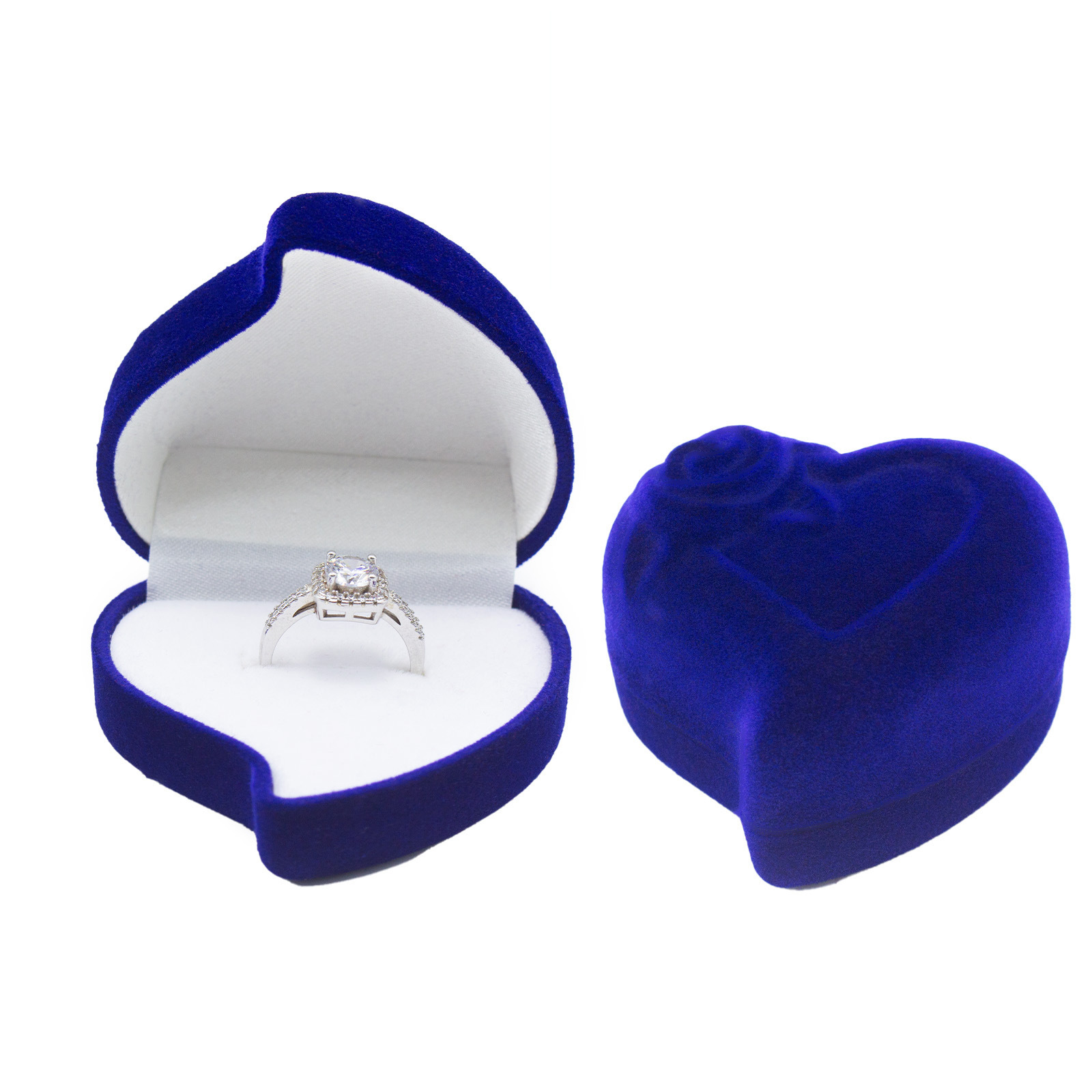 Caja para anillo individual con forma de corazón, diseño floral inclinado, color melocotón, exterior azul e interior blanco; 60*60*40mm