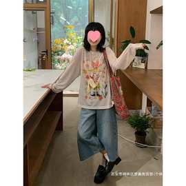跨境美式复古彩绘印花长袖t恤女夏季5新宽松防晒打底罩衫衣潮图片