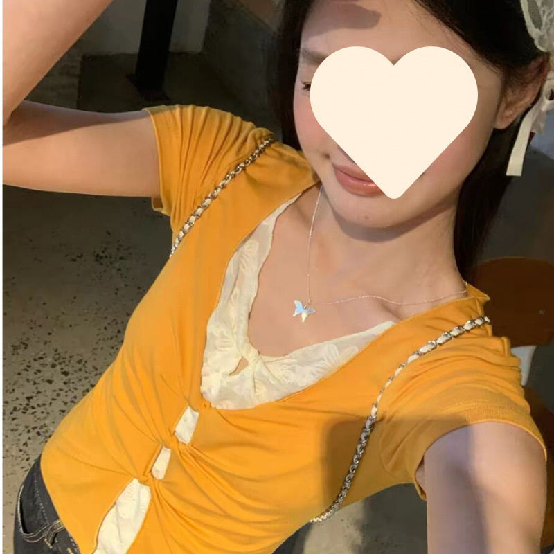 Dopamine Mango Yellow Fake Two-Piece Lace Regular Shoulder Short Sleeve T-Shirt for Women, Summer Slim Fit American Style Hot Girl Top Dopamine Mango Yellow Fake Two-Piece Lace Regular Shoulder Short Sleeve T-Shirt for Women, Summer Slim Fit American Style Hot Girl Top