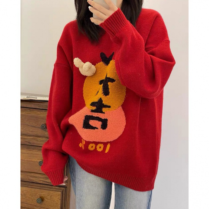 2024 autumn and winter New this year's popular beautiful red sweater women's niche design sense Christmas women's younger top