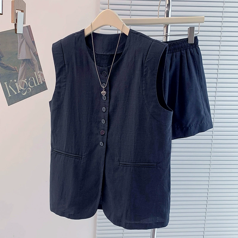 Настоящая фотография европейского льняного жилета без рукавов с эластичными шортами, модный женский костюм из двух предметов, повседневный элегантный комплект