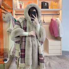外搭斗篷披肩女欧美秋冬时尚气质中长款毛呢外套休闲连帽格子大衣