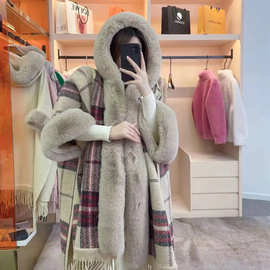 外搭斗篷披肩女欧美秋冬时尚气质中长款毛呢外套休闲连帽格子大衣