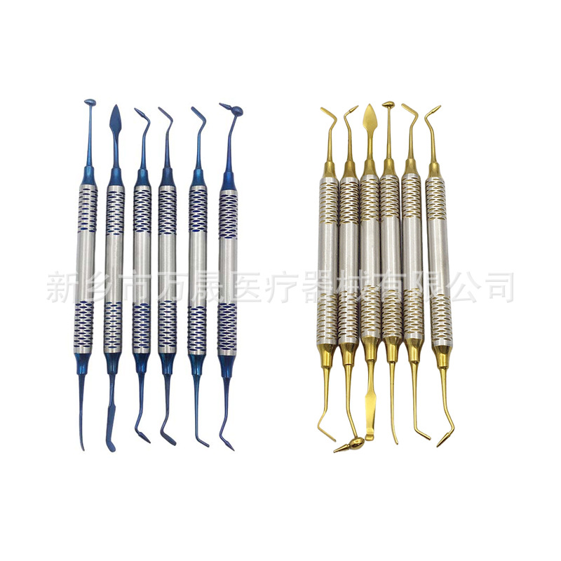 Instrumentos de resina dental estética – set de relleno odontológico azul y dorado