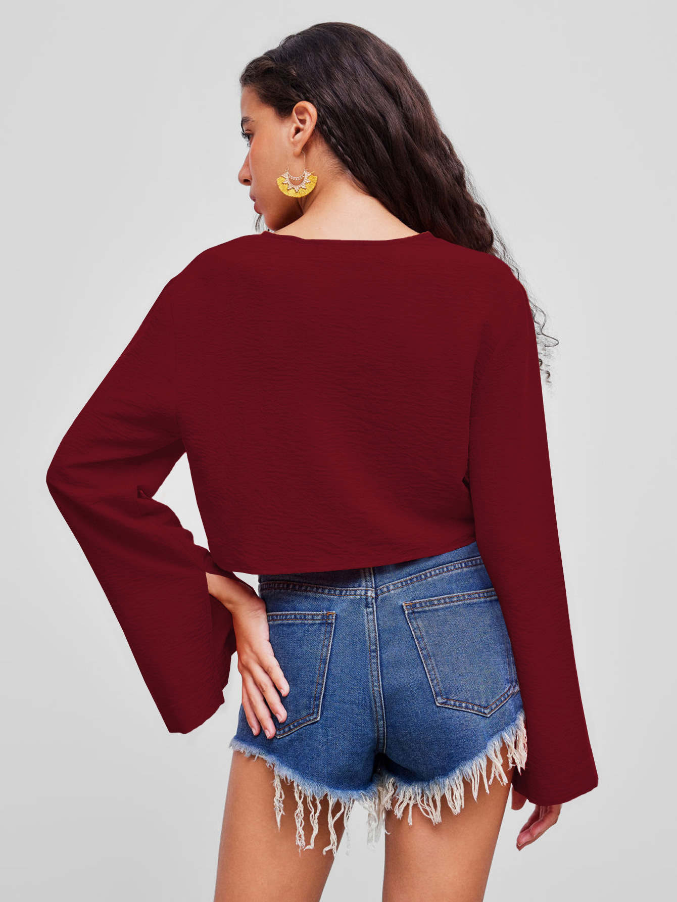 Voya 2026 Sexy V-neck T-shirt With Spring And Summer Chest Tie, Niche Burgundy Cardigan Top, Women's Clothing_ecoleips.com